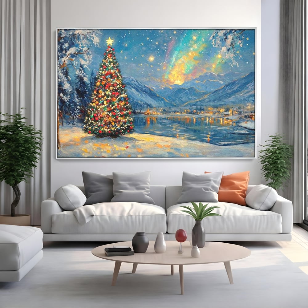 Tablou canvas cu pictura cu brad de craciun pe malul lacului, in rama de aluminiu argintiu, pe perete intr-un living